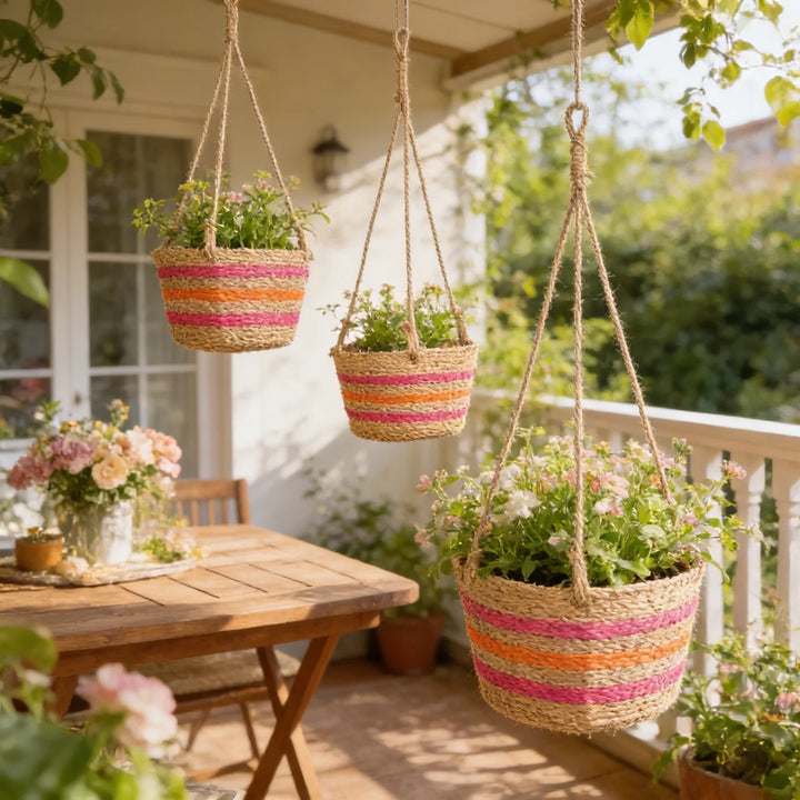 Kleurrijke Hangmand voor Planten – Gevlochten Plantenhanger Set