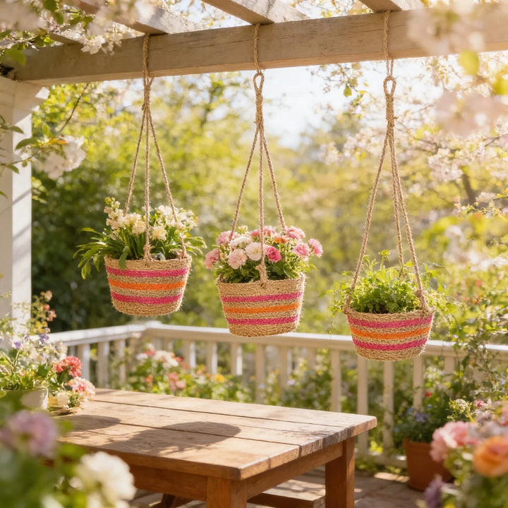 Kleurrijke Hangmand voor Planten – Gevlochten Plantenhanger Set