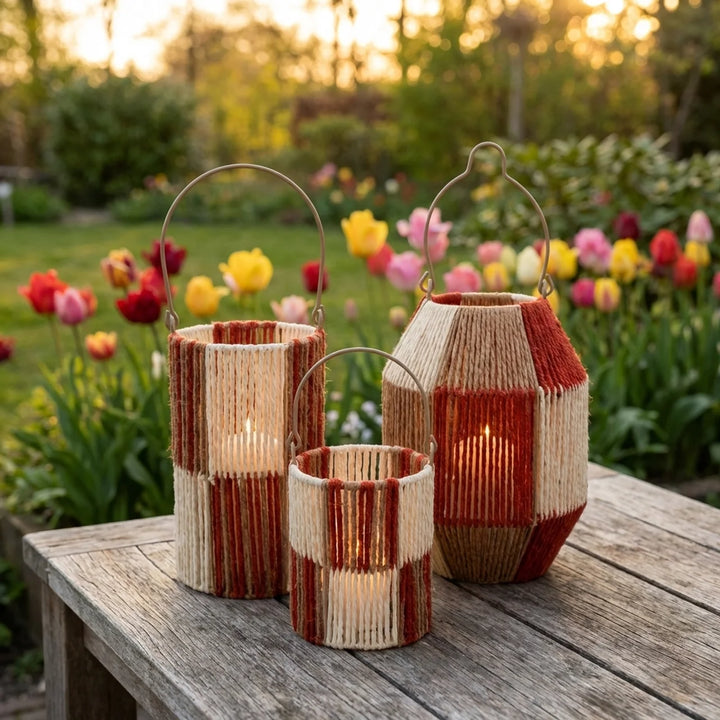 Gevlochten Windlicht Naturel Bruin Rood – Lantaarn met Handvat