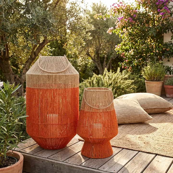 Rotan Windlicht – Fuchsia/Naturel & Oranje Tuin Lantaarns