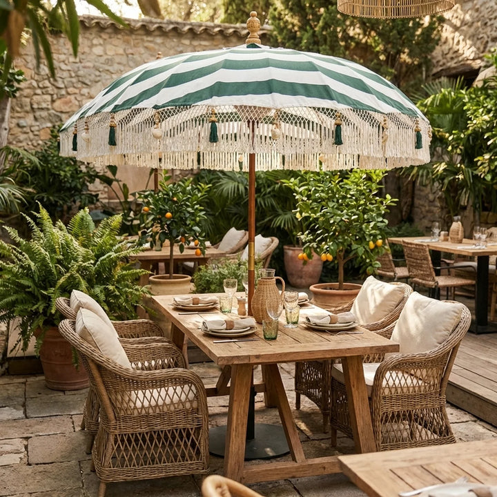 Bali Parasol Groen/Wit Ø185 cm – Boho Tuinparasol met Franjes