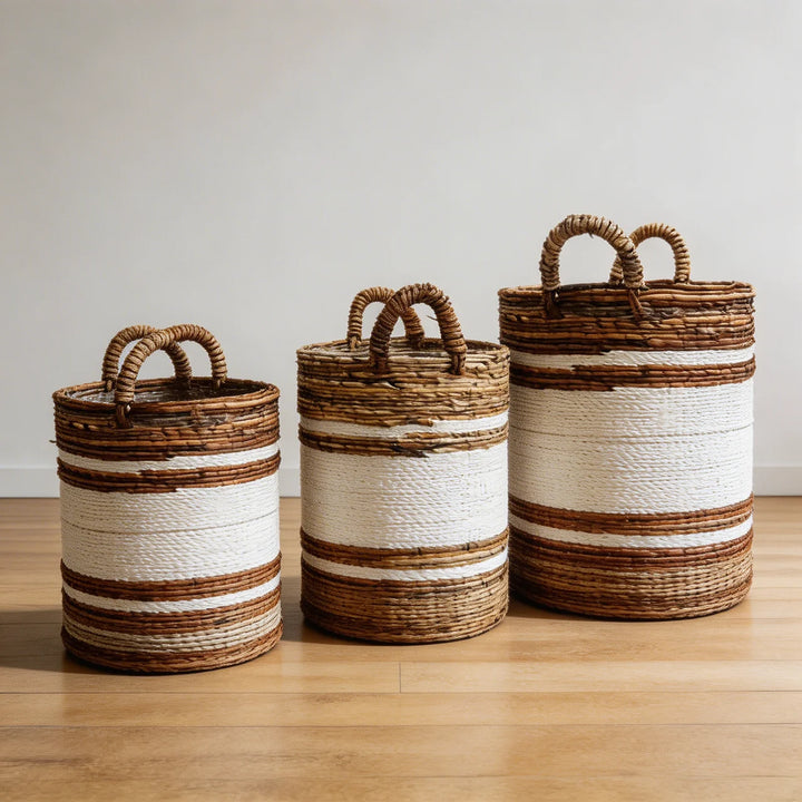 Opbergmand Set van 3 Naturel Wit – Rieten Manden met Handvatten