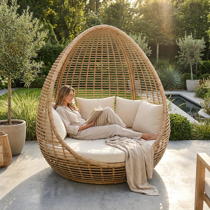 Diga Colmore outdoor loungebed wicker naturel – luxe tuin daybed met kap