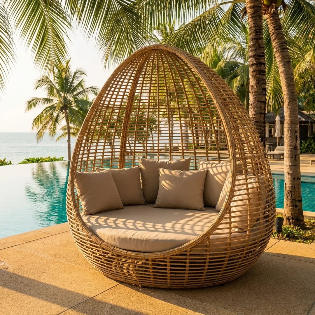 Diga Colmore outdoor loungebed wicker naturel – luxe tuin daybed met kap