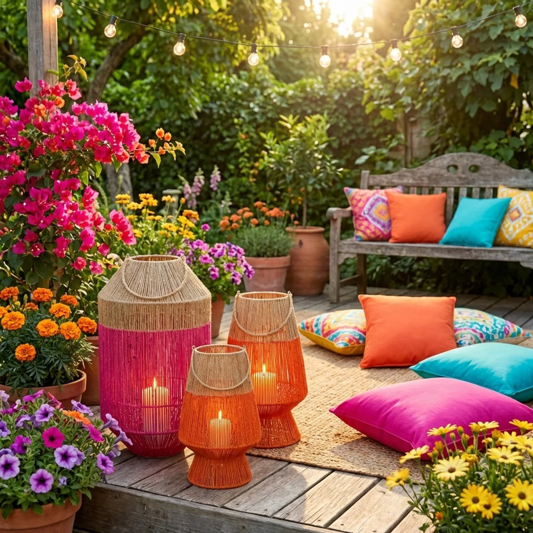 Rotan Windlicht – Fuchsia/Naturel & Oranje Tuin Lantaarns