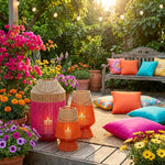 Rotan Windlicht – Fuchsia/Naturel & Oranje Tuin Lantaarns