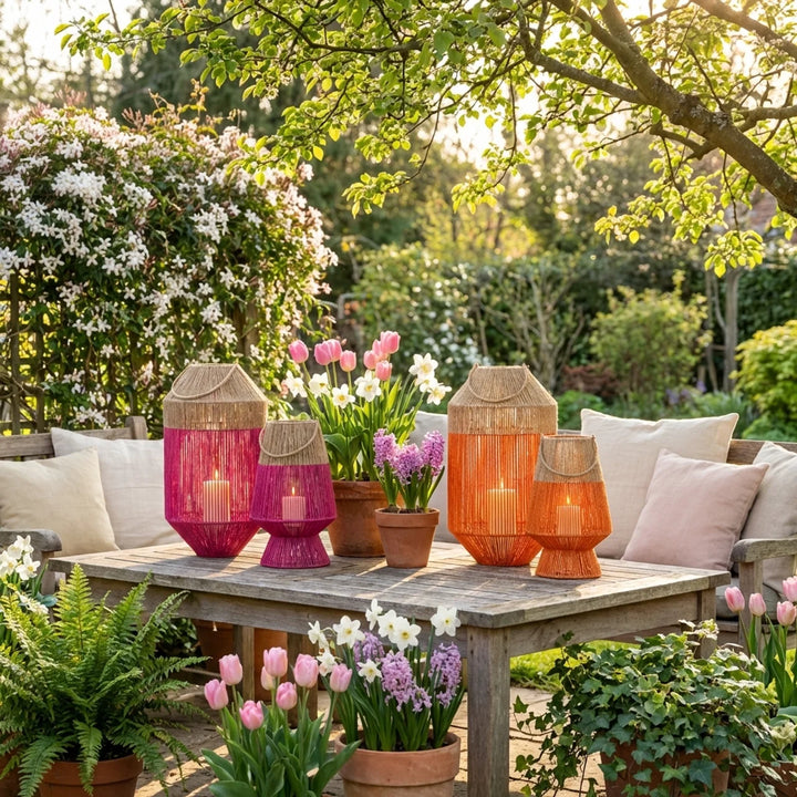 Rotan Windlicht – Fuchsia/Naturel & Oranje Tuin Lantaarns