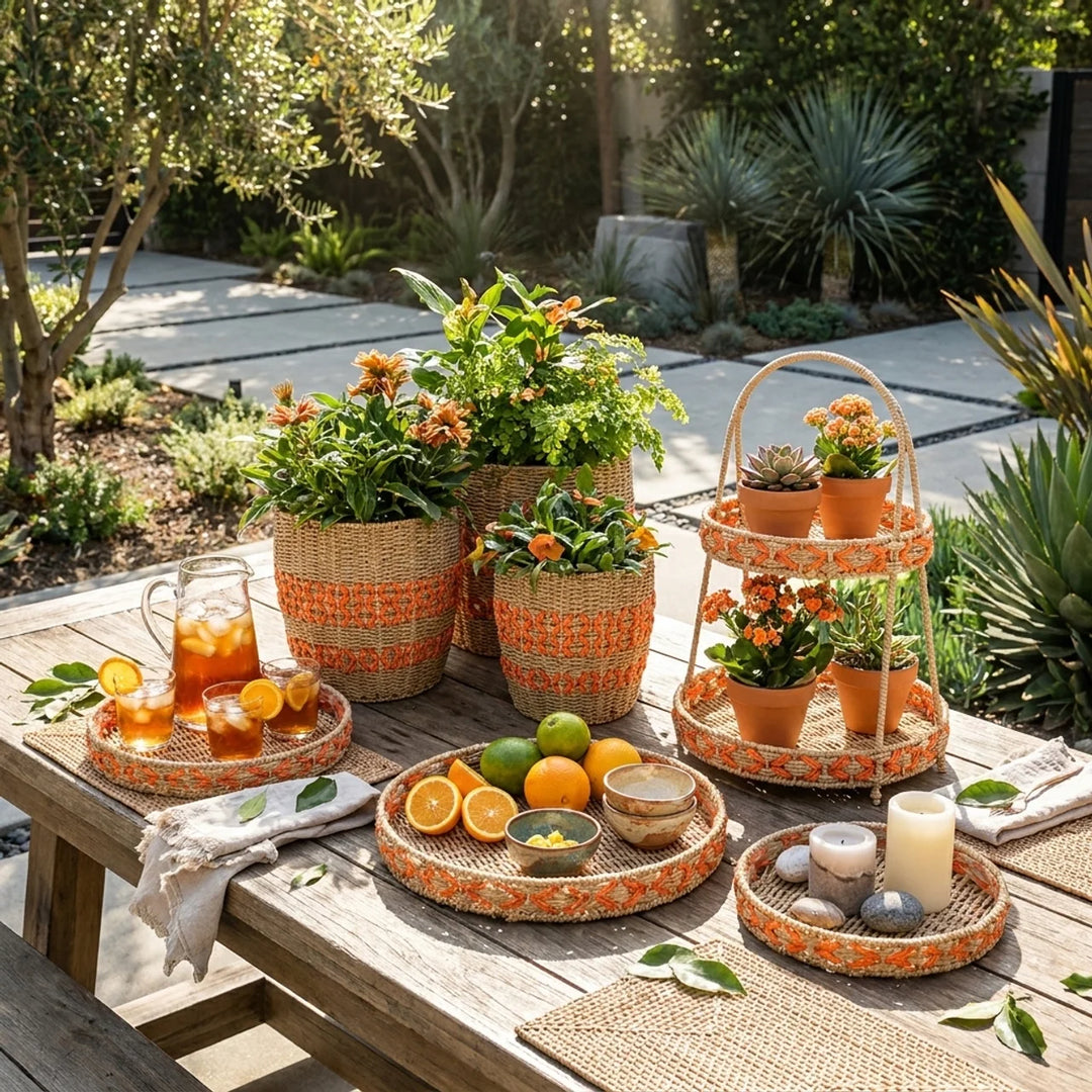 Oranje Rotan Decoratie Set – Manden, Etagère & Schalen