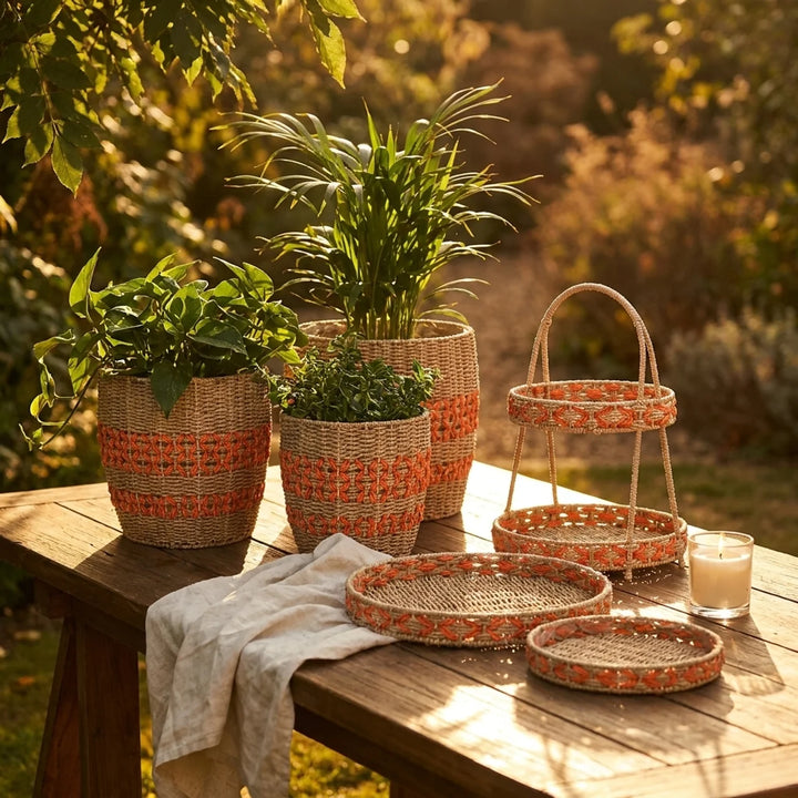 Oranje Rotan Decoratie Set – Manden, Etagère & Schalen