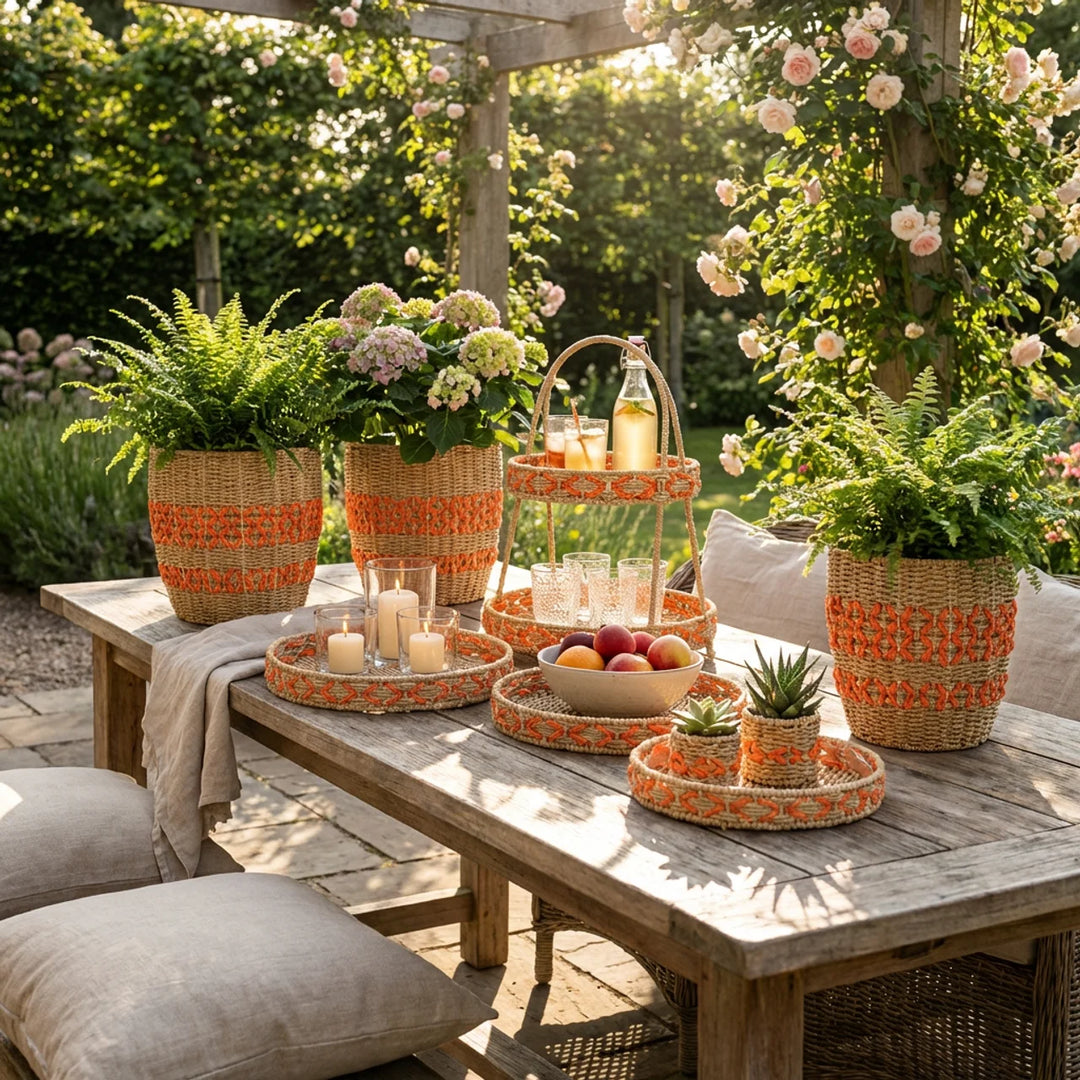 Oranje Rotan Decoratie Set – Manden, Etagère & Schalen