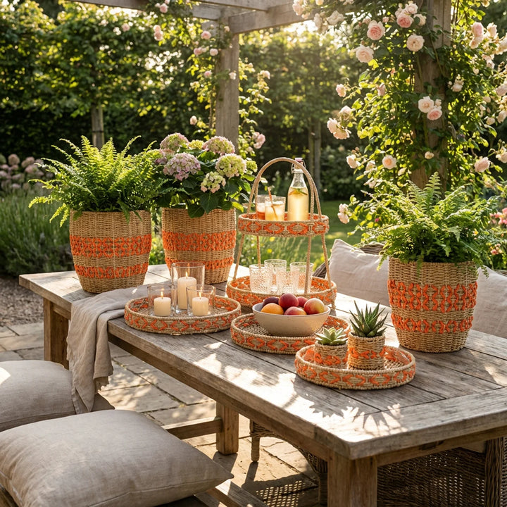 Oranje Rotan Decoratie Set – Manden, Etagère & Schalen