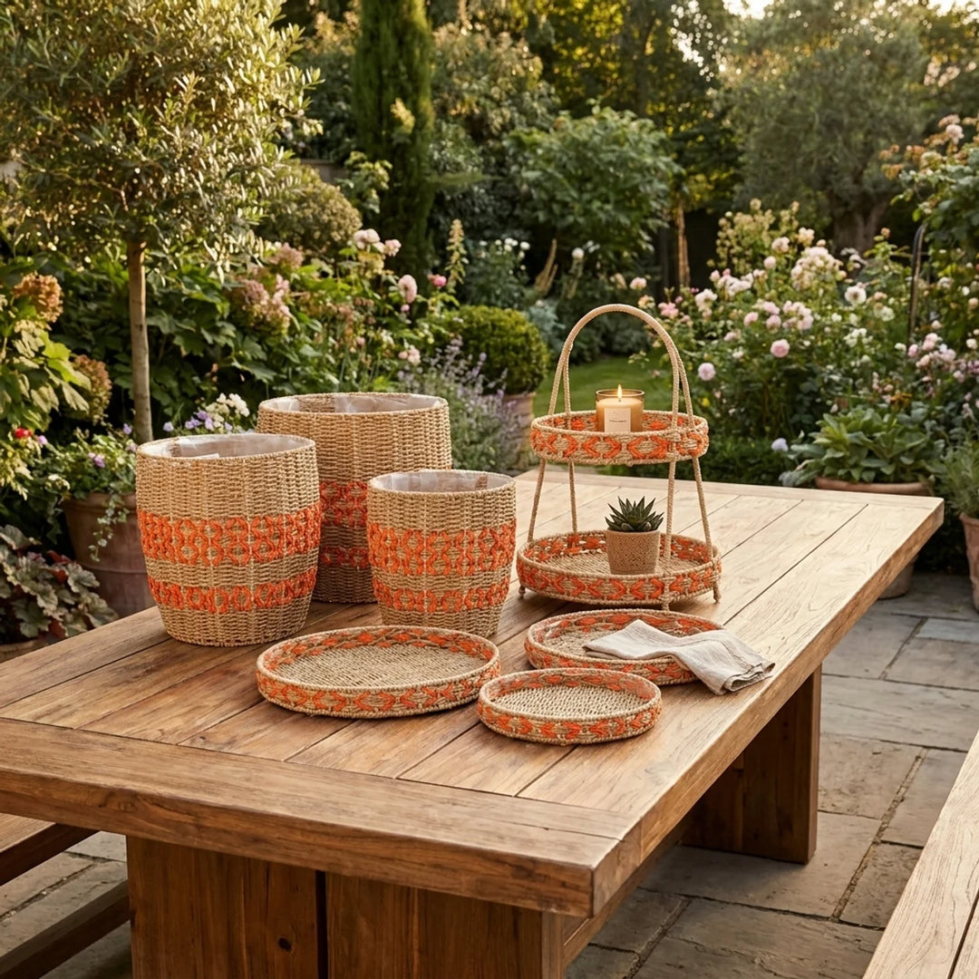 Oranje Rotan Decoratie Set – Manden, Etagère & Schalen