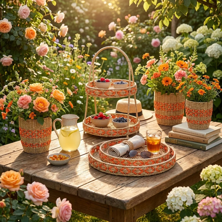 Oranje Rotan Decoratie Set – Manden, Etagère & Schalen