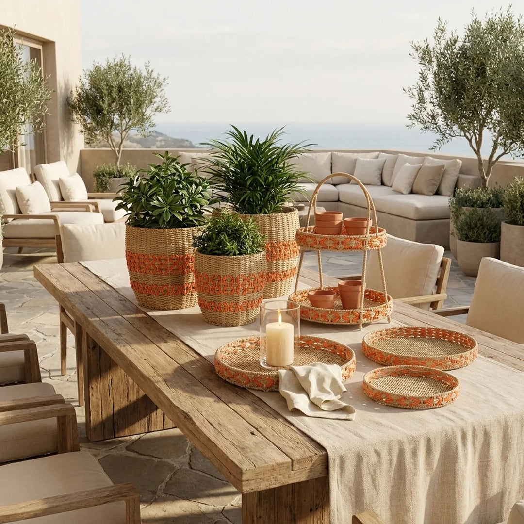 Oranje Rotan Decoratie Set – Manden, Etagère & Schalen