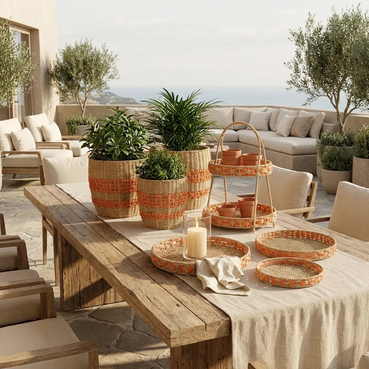 Oranje Rotan Decoratie Set – Manden, Etagère & Schalen