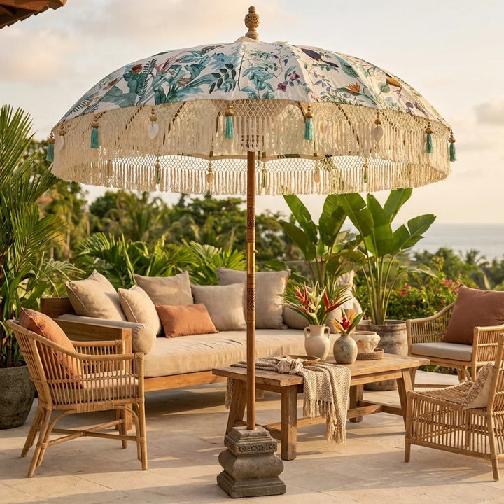 Bali Parasol Crème met Vogels Ø185 cm – Luxe Boho Parasol met Franjes