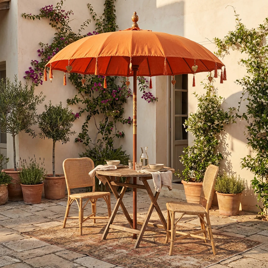 Parasol Bali Terra Ø185 cm – Luxe Boho Parasol met Franjes