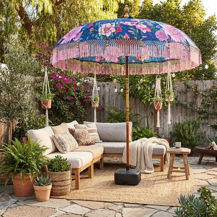 Parasol Bali Veelkleurig Bloemen Ø185 cm – Luxe Boho Parasol met Franjes
