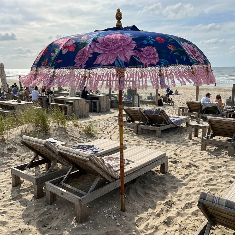Parasol Bali Veelkleurig Bloemen Ø185 cm – Luxe Boho Parasol met Franjes