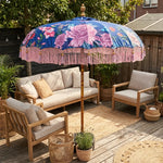 Parasol Bali Veelkleurig Bloemen Ø185 cm – Luxe Boho Parasol met Franjes