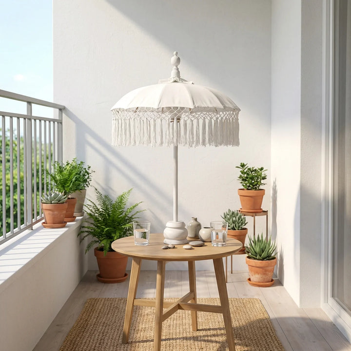 Mini Bali Parasol Wit – Lichte Tafeldecoratie met Franjes