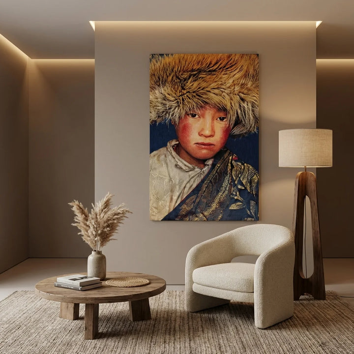 Tibetaans Jongen – Blauw | Geweven Wandpaneel Zonder Lijst