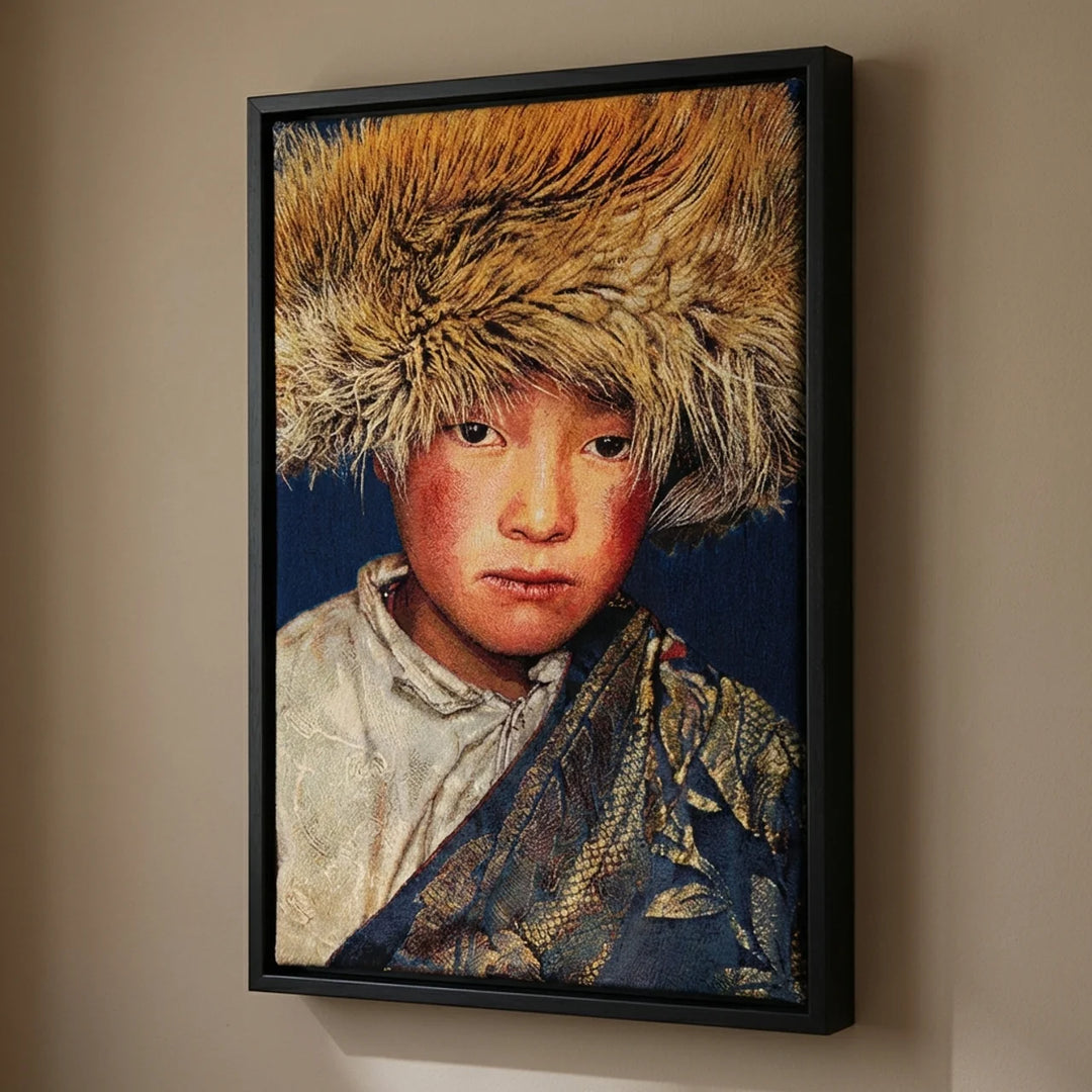 Geweven Wandpaneel Tibetan Boy – Blauw – Met Lijst