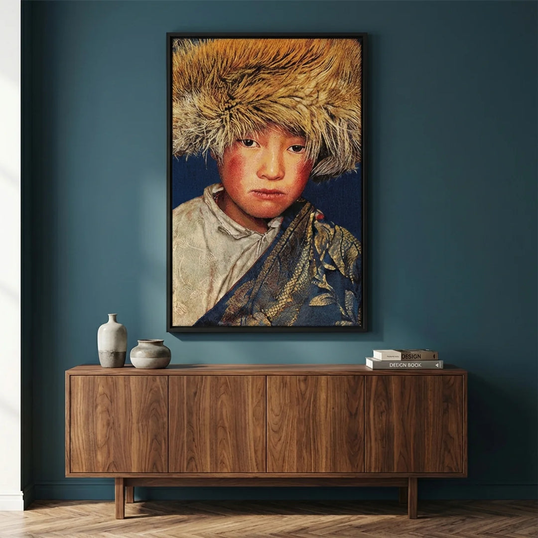 Geweven Wandpaneel Tibetan Boy – Blauw – Met Lijst