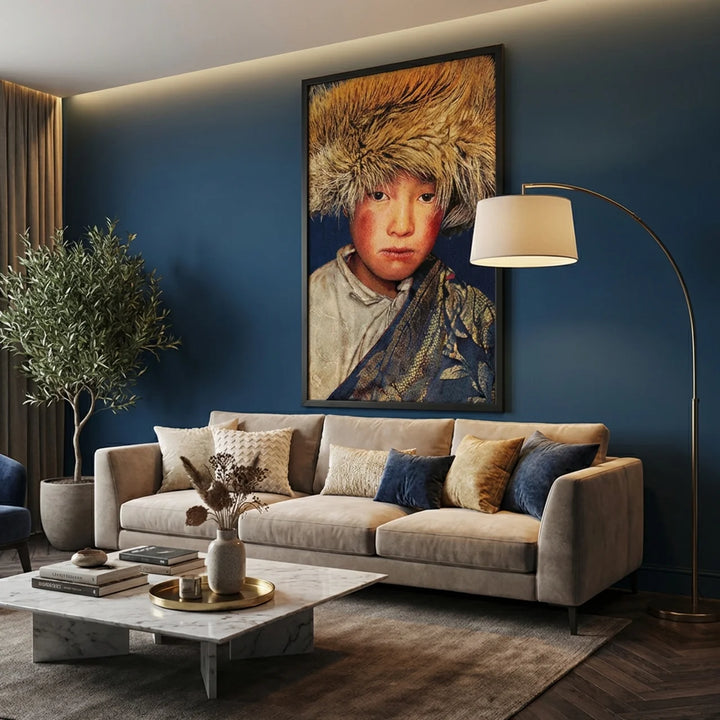Geweven Wandpaneel Tibetan Boy – Blauw – Met Lijst