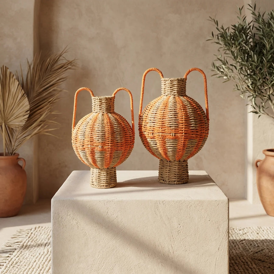 Rotan Kruik met Handvatten – Oranje & Roze