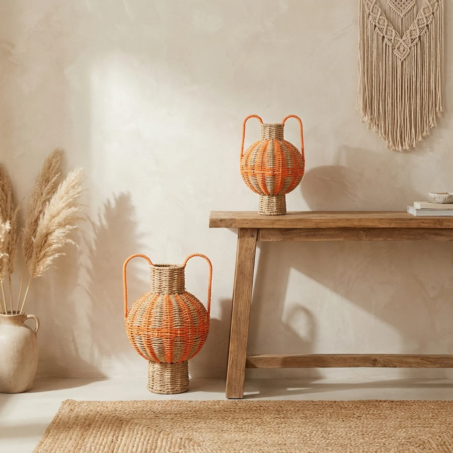 Rotan Kruik met Handvatten – Oranje & Roze