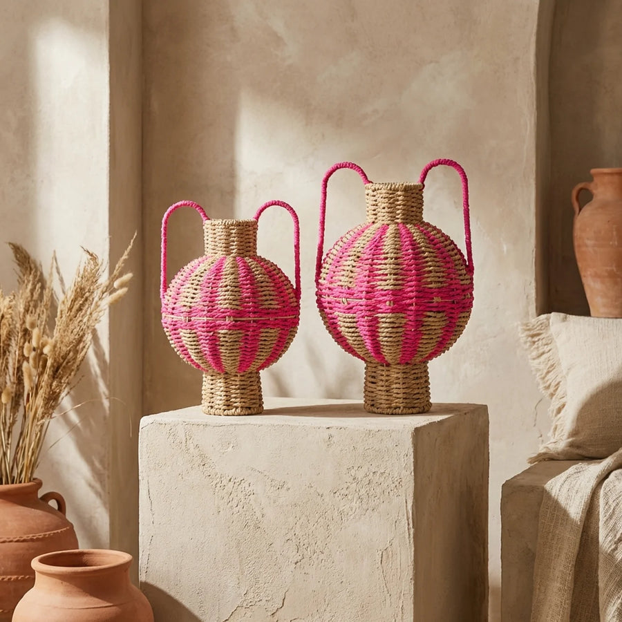 Rotan Kruik met Handvatten – Oranje & Roze