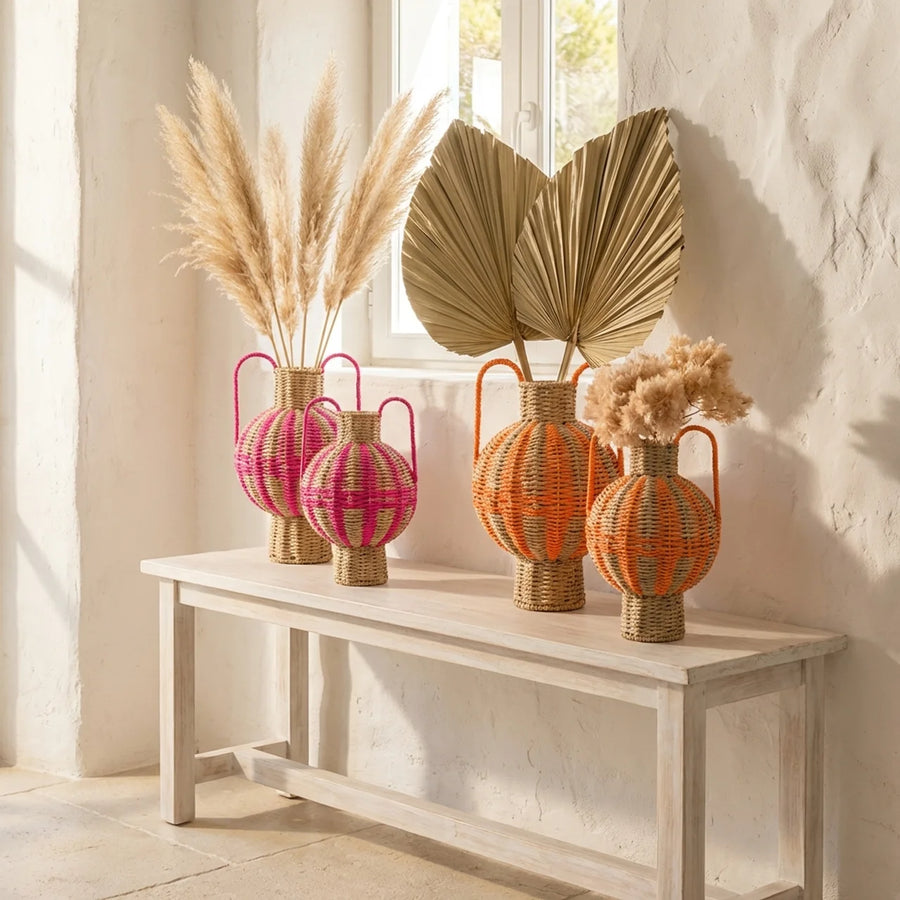 Rotan Kruik met Handvatten – Oranje & Roze