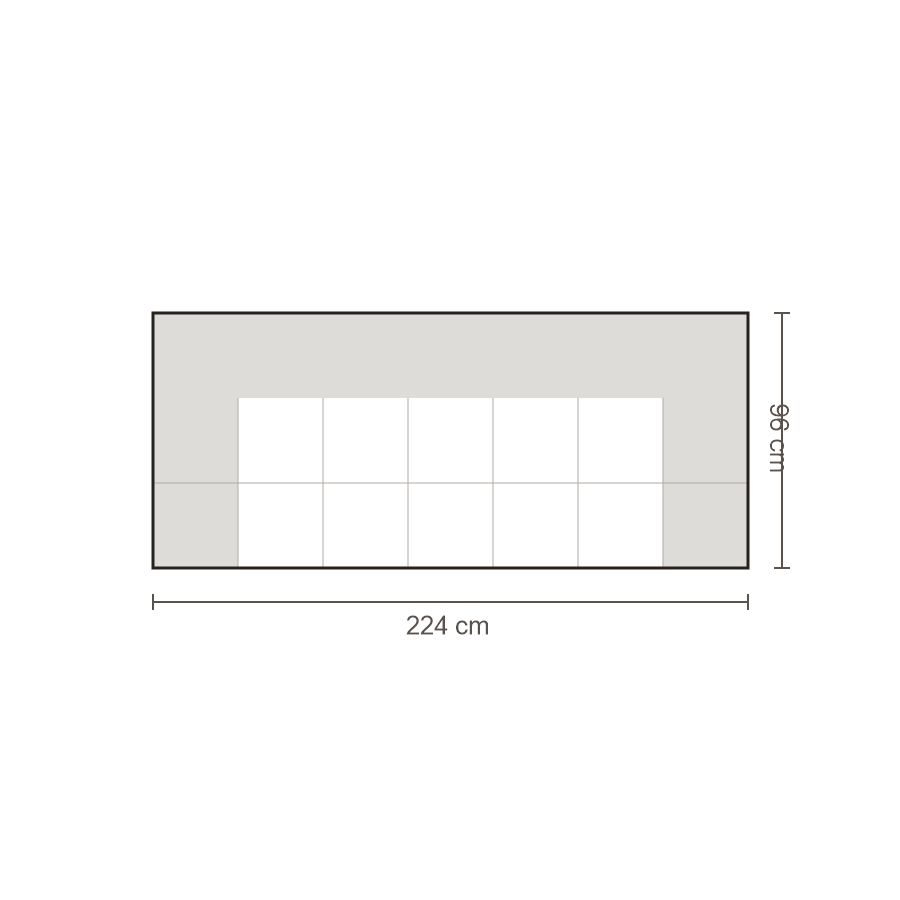 Bovenaanzicht Lucca element: Bank 2,5-zits met twee armleuningen – 96 x 224 cm