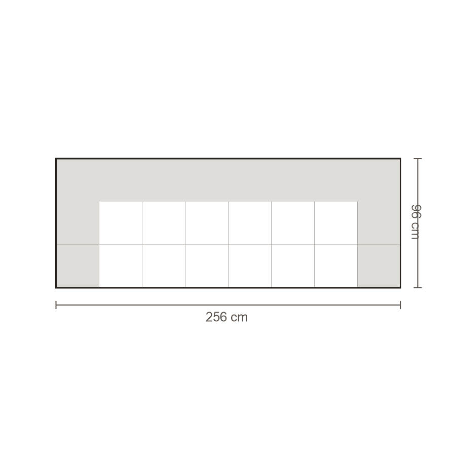 Bovenaanzicht Lucca element: Bank 3-zits met twee armleuningen – 96 x 256 cm