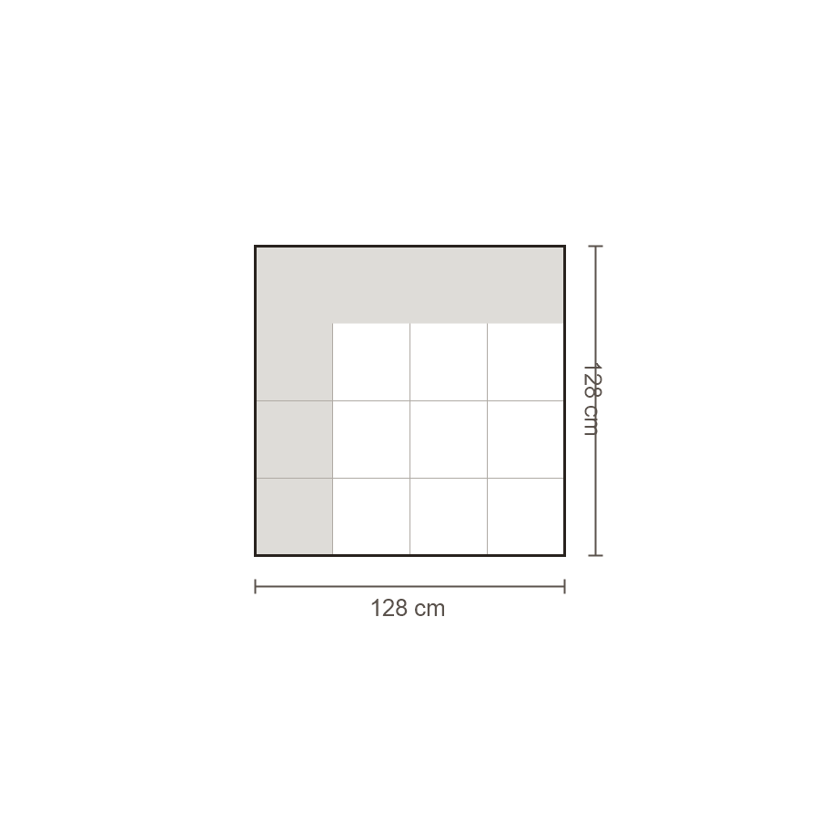 Bovenaanzicht Lucca element: Hoekelement 1,5-zits diep – 128 x 128 cm