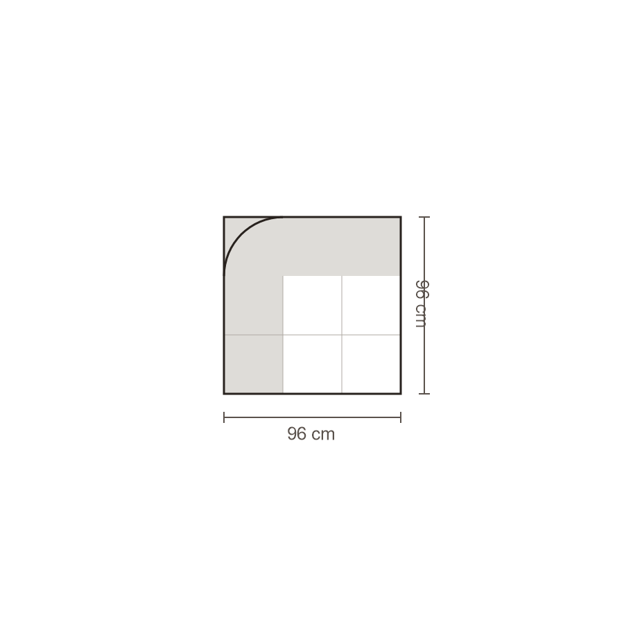 Bovenaanzicht Lucca element: Hoekelement rond links – 96 x 96 cm