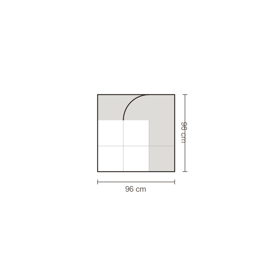 Bovenaanzicht Lucca element: Hoekelement rond rechts – 96 x 96 cm
