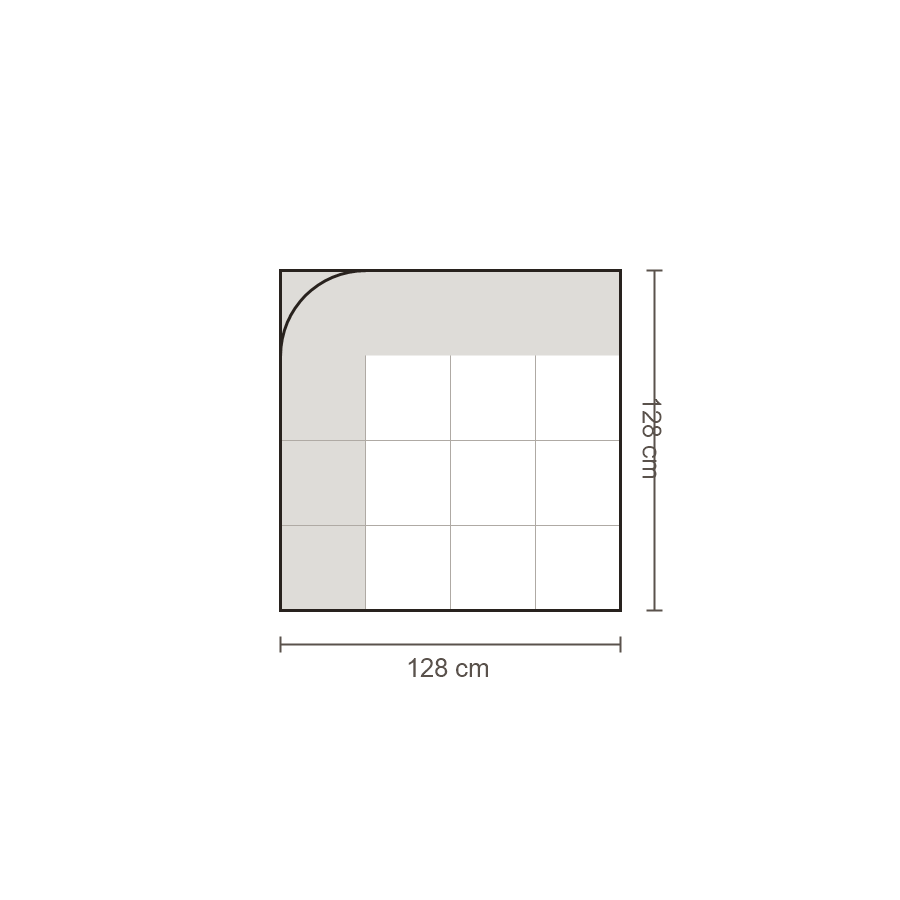 Bovenaanzicht Lucca element: Hoekelement rond diep links – 128 x 128 cm