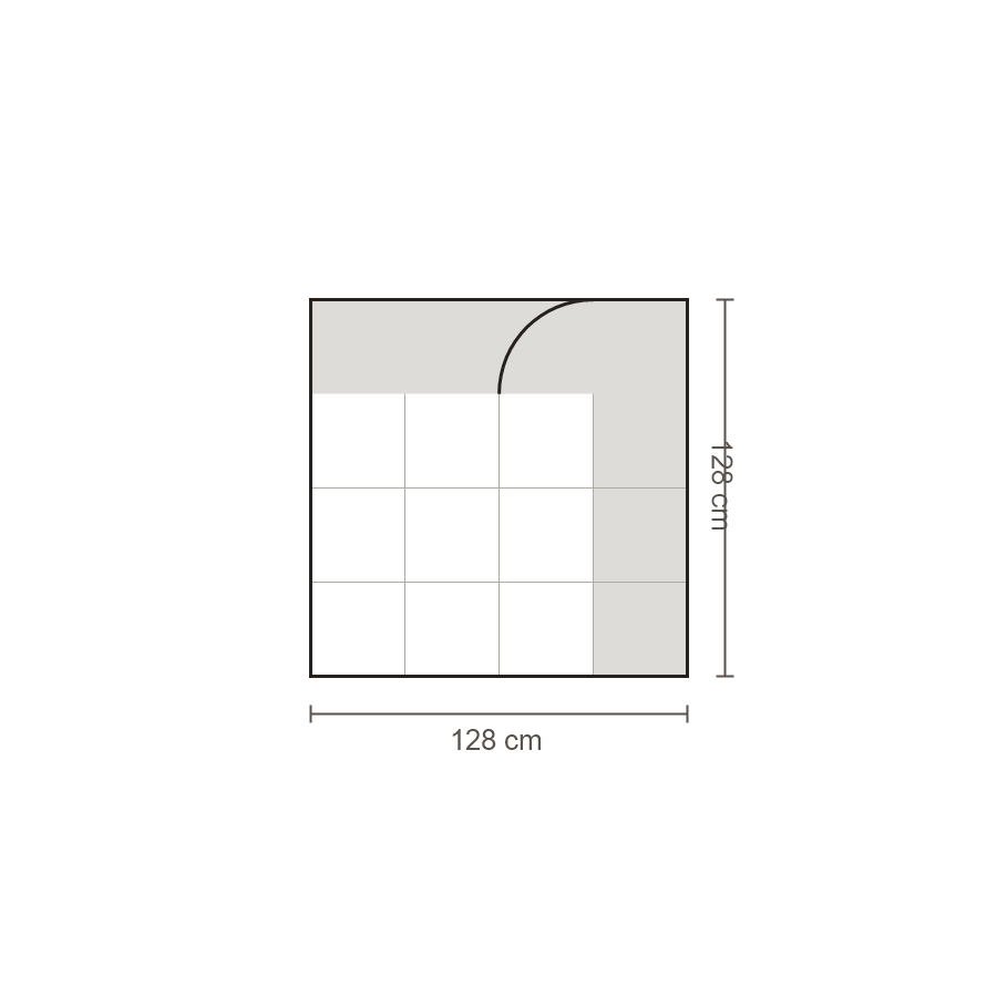 Bovenaanzicht Lucca element: Hoekelement rond diep rechts – 128 x 128 cm
