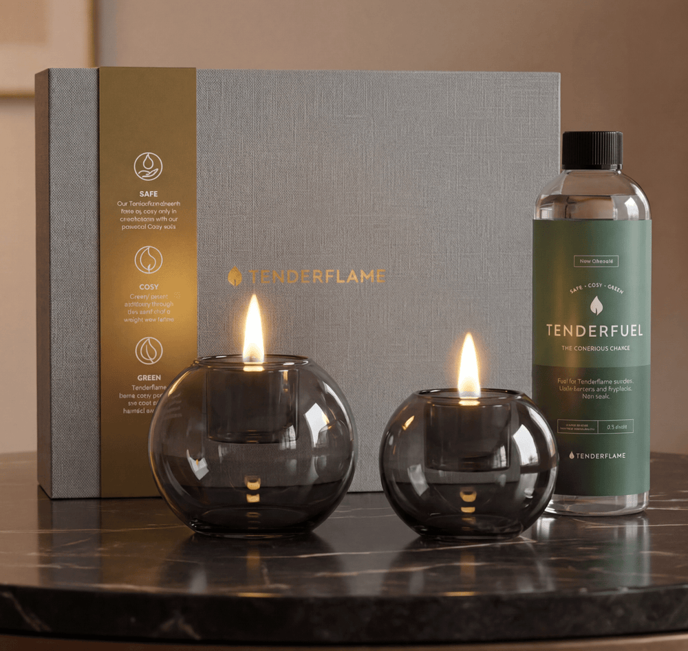 Globus glazen brander met dansende vlam sfeerbeeld
